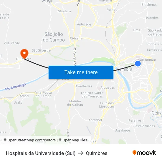 Hospitais da Universidade (Sul) to Quimbres map
