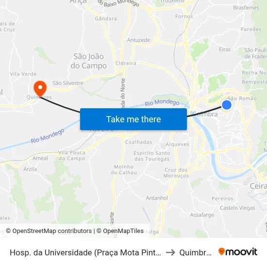 Hosp. da Universidade (Praça Mota Pinto) to Quimbres map