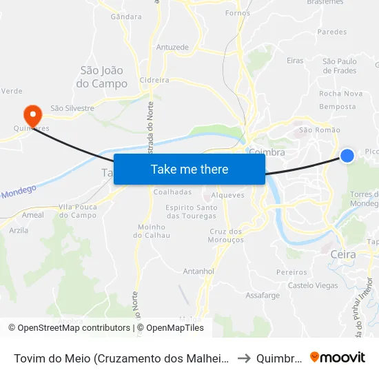 Tovim do Meio (Cruzamento dos Malheiros) to Quimbres map