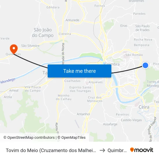 Tovim do Meio (Cruzamento dos Malheiros) to Quimbres map