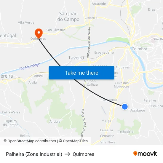 Palheira (Zona Industrial) to Quimbres map