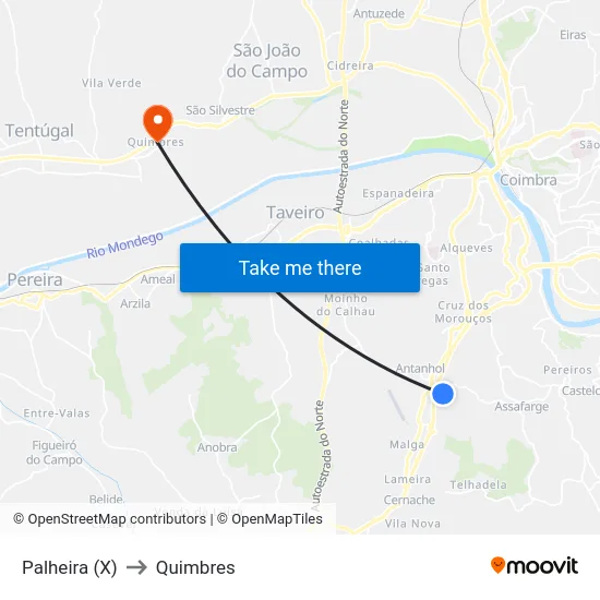 Palheira (X) to Quimbres map