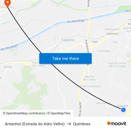 Antanhol (Estrada do Adro Velho) to Quimbres map