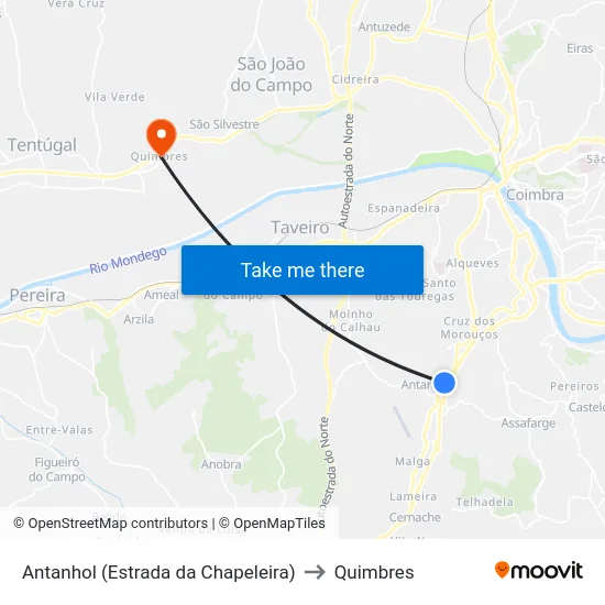 Antanhol (Estrada da Chapeleira) to Quimbres map