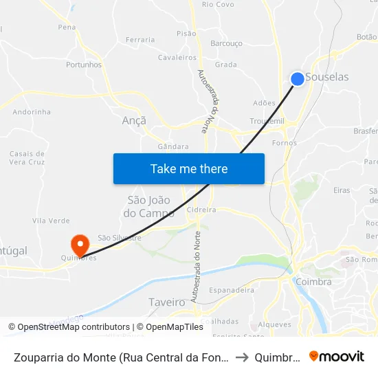 Zouparria do Monte (Rua Central da Fonte) to Quimbres map