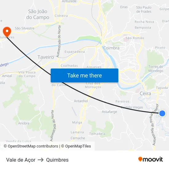 Vale de Açor to Quimbres map