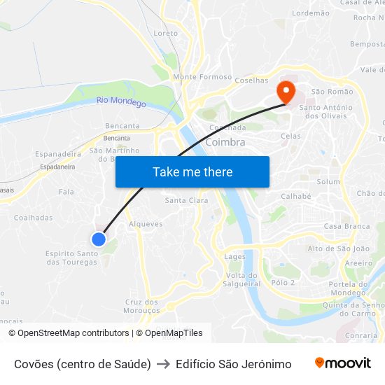 Covões (centro de Saúde) to Edifício São Jerónimo map