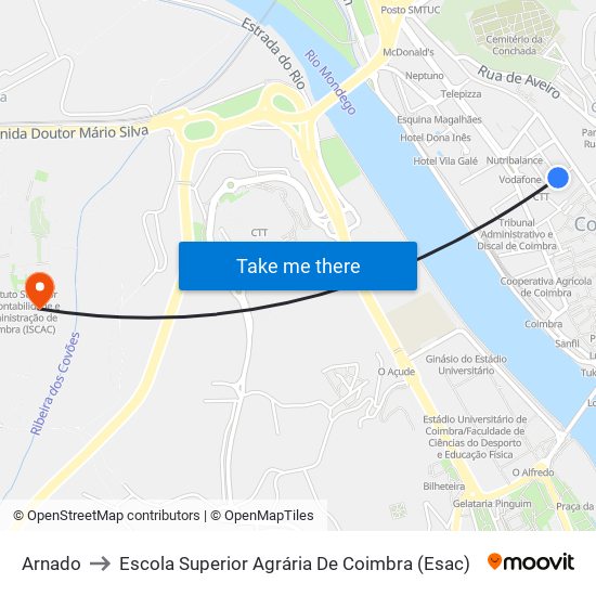 Arnado to Escola Superior Agrária De Coimbra (Esac) map