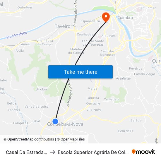 Casal Da Estrada/Capela to Escola Superior Agrária De Coimbra (Esac) map