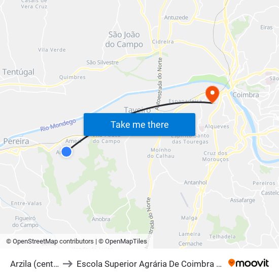 Arzila (centro) to Escola Superior Agrária De Coimbra (Esac) map