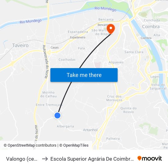 Valongo (centro) to Escola Superior Agrária De Coimbra (Esac) map