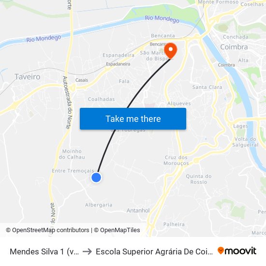 Mendes Silva 1 (valongo) to Escola Superior Agrária De Coimbra (Esac) map