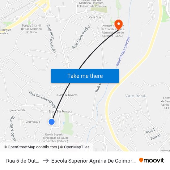 Rua 5 de Outubro to Escola Superior Agrária De Coimbra (Esac) map