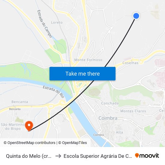 Quinta do Melo (cruzamento) to Escola Superior Agrária De Coimbra (Esac) map