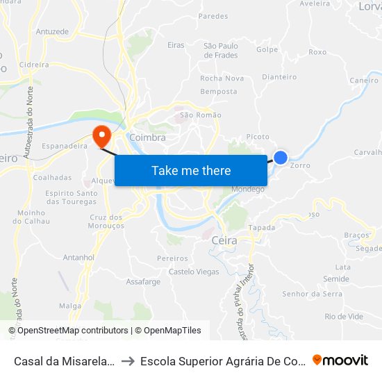 Casal da Misarela (centro) to Escola Superior Agrária De Coimbra (Esac) map