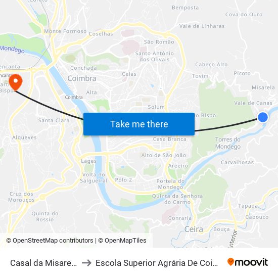 Casal da Misarela (sul) to Escola Superior Agrária De Coimbra (Esac) map