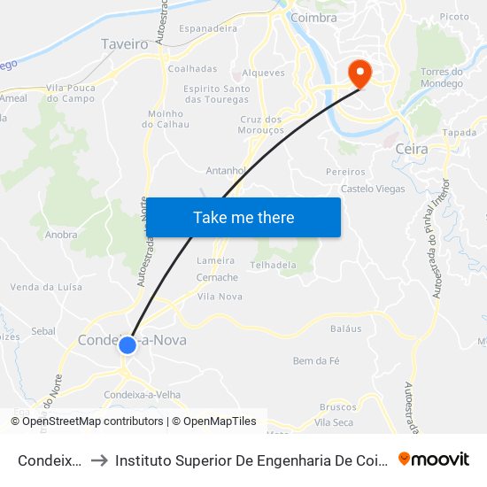 Condeixinha to Instituto Superior De Engenharia De Coimbra (Isec) map