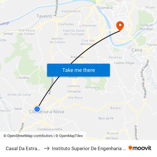 Casal Da Estrada/Capela to Instituto Superior De Engenharia De Coimbra (Isec) map