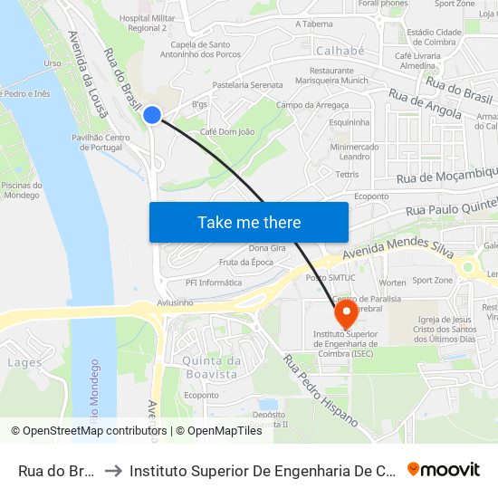 Rua do Brasil 4 to Instituto Superior De Engenharia De Coimbra (Isec) map