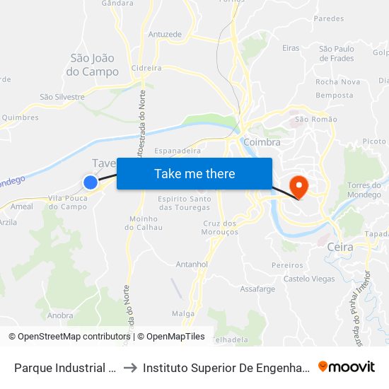 Parque Industrial de Taveiro (1) to Instituto Superior De Engenharia De Coimbra (Isec) map