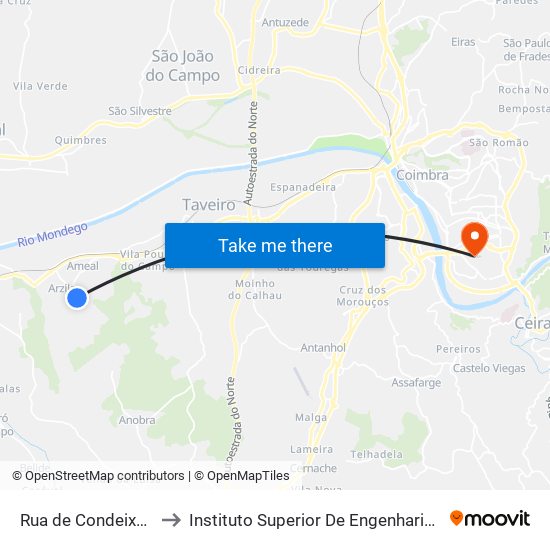 Rua de Condeixa Cemitério to Instituto Superior De Engenharia De Coimbra (Isec) map