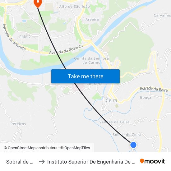 Sobral de Ceira 3 to Instituto Superior De Engenharia De Coimbra (Isec) map
