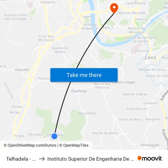 Telhadela - centro to Instituto Superior De Engenharia De Coimbra (Isec) map