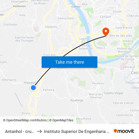 Antanhol - cruzamento to Instituto Superior De Engenharia De Coimbra (Isec) map