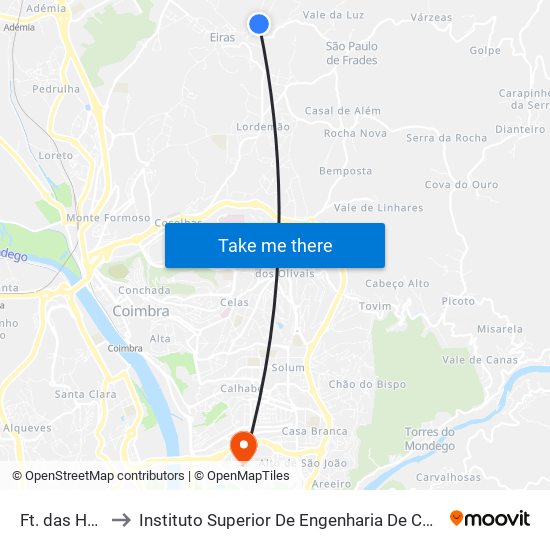 Ft. das Hortas to Instituto Superior De Engenharia De Coimbra (Isec) map