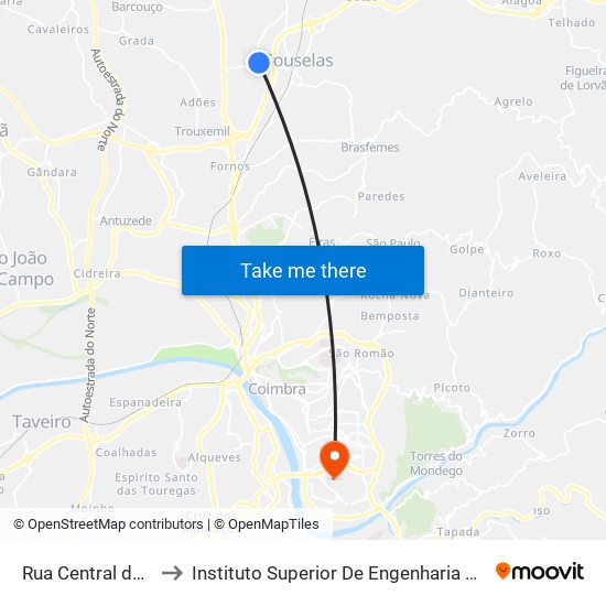 Rua Central da Fonte 1 to Instituto Superior De Engenharia De Coimbra (Isec) map