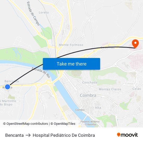 Bencanta to Hospital Pediátrico De Coimbra map