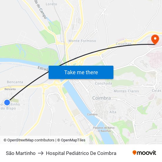 São Martinho to Hospital Pediátrico De Coimbra map
