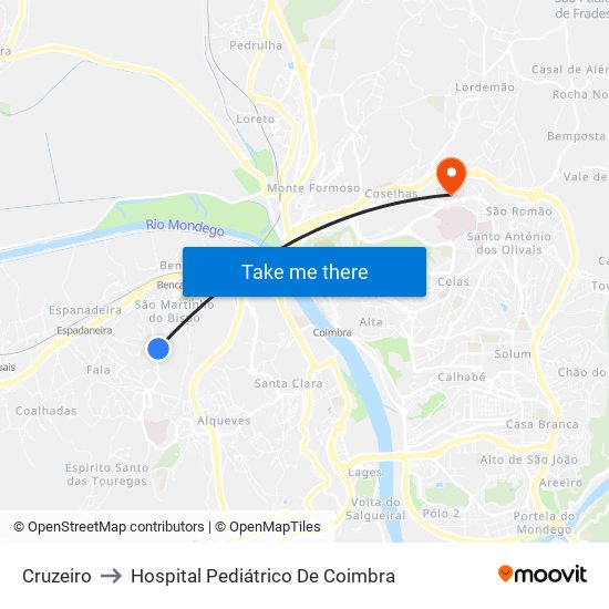 Cruzeiro to Hospital Pediátrico De Coimbra map