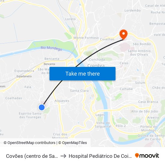 Covões (centro de Saúde) to Hospital Pediátrico De Coimbra map