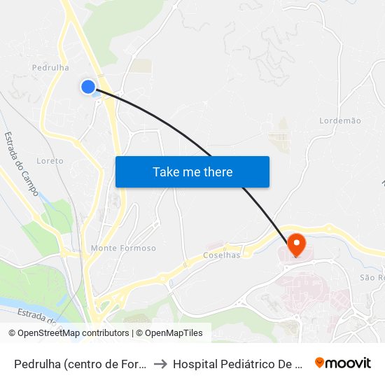 Pedrulha (centro de Formação) to Hospital Pediátrico De Coimbra map