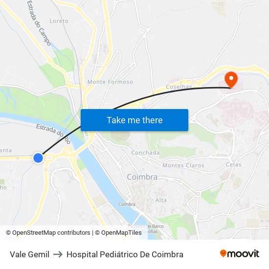 Vale Gemil to Hospital Pediátrico De Coimbra map