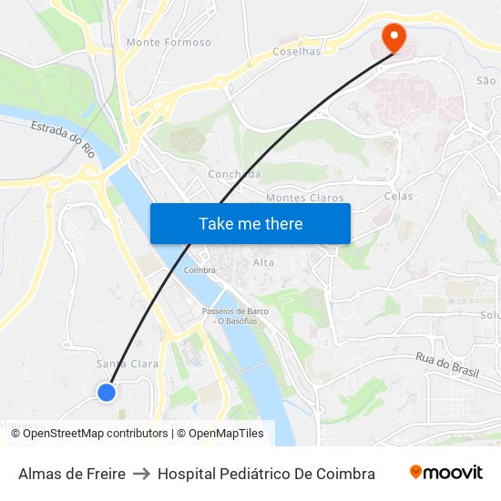 Almas de Freire to Hospital Pediátrico De Coimbra map