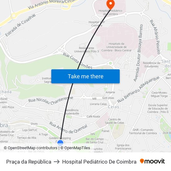 Praça da República to Hospital Pediátrico De Coimbra map