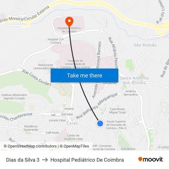 Dias da Silva 3 to Hospital Pediátrico De Coimbra map