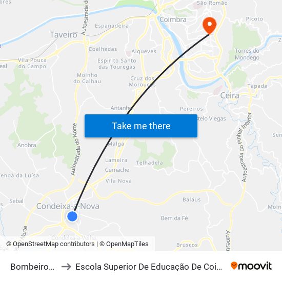 Bombeiros/Ctt to Escola Superior De Educação De Coimbra (Esec) map