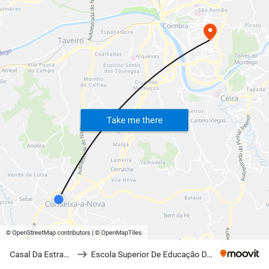 Casal Da Estrada/Capela to Escola Superior De Educação De Coimbra (Esec) map