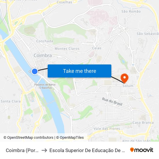 Coimbra (Portagem) to Escola Superior De Educação De Coimbra (Esec) map