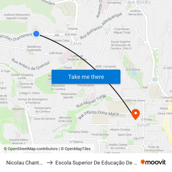 Nicolau Chanterenne 1 to Escola Superior De Educação De Coimbra (Esec) map