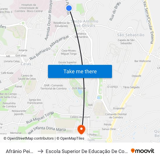 Afrânio Peixoto 2 to Escola Superior De Educação De Coimbra (Esec) map