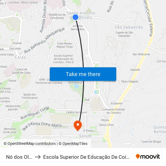Nó dos Olivais to Escola Superior De Educação De Coimbra (Esec) map