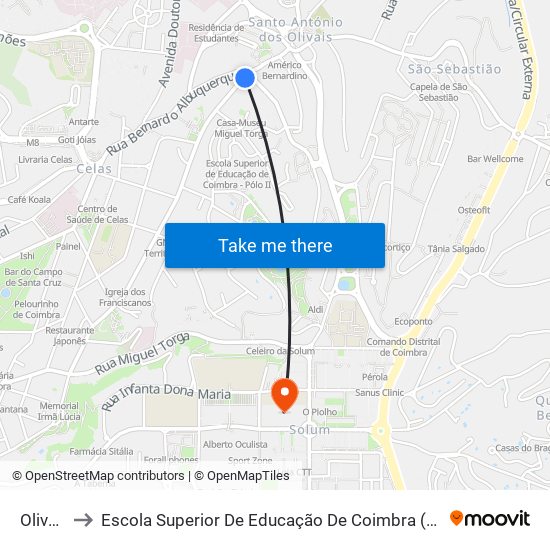 Olivais to Escola Superior De Educação De Coimbra (Esec) map