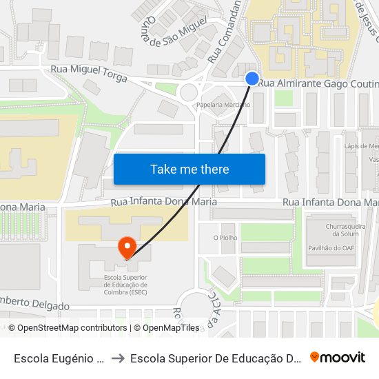 Escola Eugénio de Castro to Escola Superior De Educação De Coimbra (Esec) map