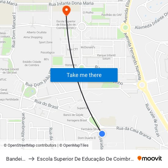 Bandeiras to Escola Superior De Educação De Coimbra (Esec) map