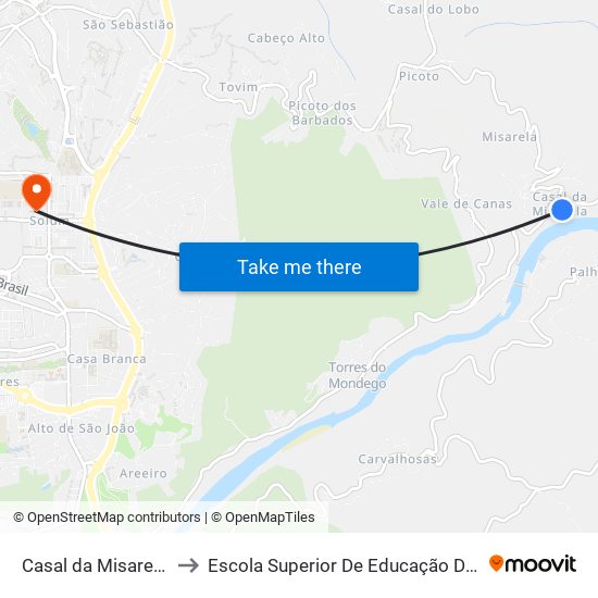 Casal da Misarela (centro) to Escola Superior De Educação De Coimbra (Esec) map