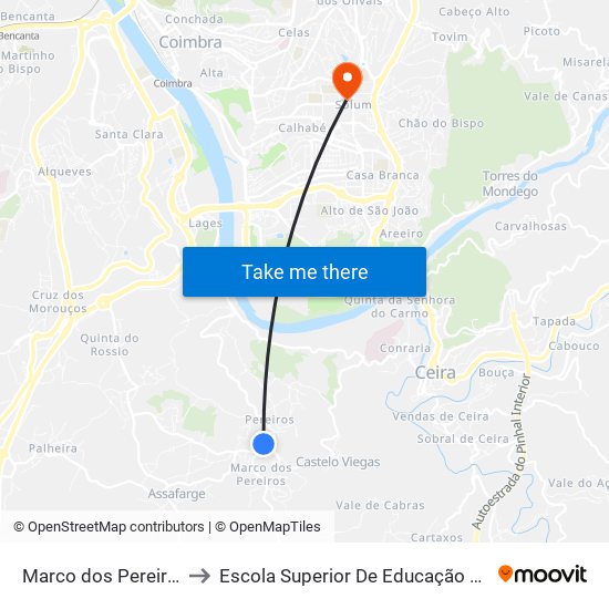 Marco dos Pereiros (centro) to Escola Superior De Educação De Coimbra (Esec) map